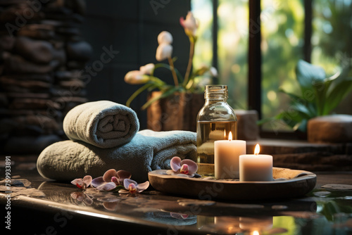 SPA still life with candles, stones, orchid and towel. Exclusive accessories for beauty treatments and spas displayed against the backdrop of a luxurious spa table in a sophisticated spa resort