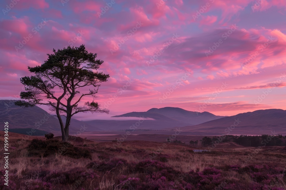 Twilight embrace in the highlands The sky painted with hues of pink and purple
