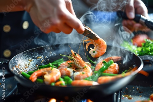 A person stir-frying shrimp and vegetables in a wok on a stovetop.