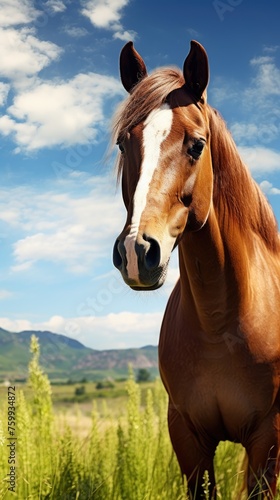 A horse's muzzle against a background of grass and blue sky.