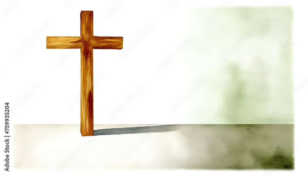 Watercolor drawing of a wooden cross on a light green background with copy space for text.