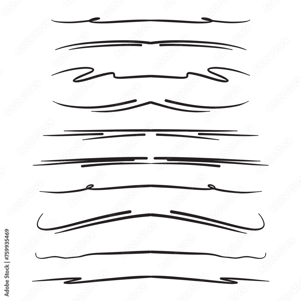 Hand drawn divider icon vector illustration design element of swish, swash, swoosh underline swirl squiggle stroke line