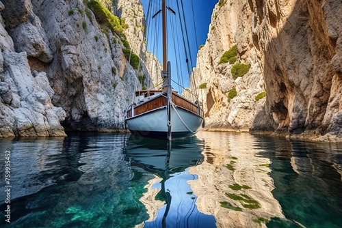 Boat Amidst Stunning Paradise, Surrounded by Majestic Rocks and Blue Skies - Island Oasis 