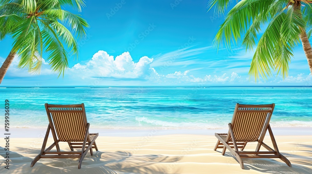 Chairs on a tropical beach with palm trees on a coral island. Relaxing under a palm tree on remote beach. Mockup. Tropical paradise retreat