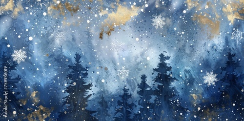 A painting depicting trees covered in snow under a starry night sky. © pham