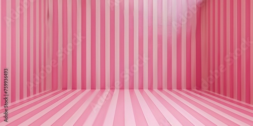 A room with pink and white striped walls devoid of furniture or decor.