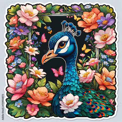 Close-up Peacock with Floral Sticker on Dark Background Gen AI photo