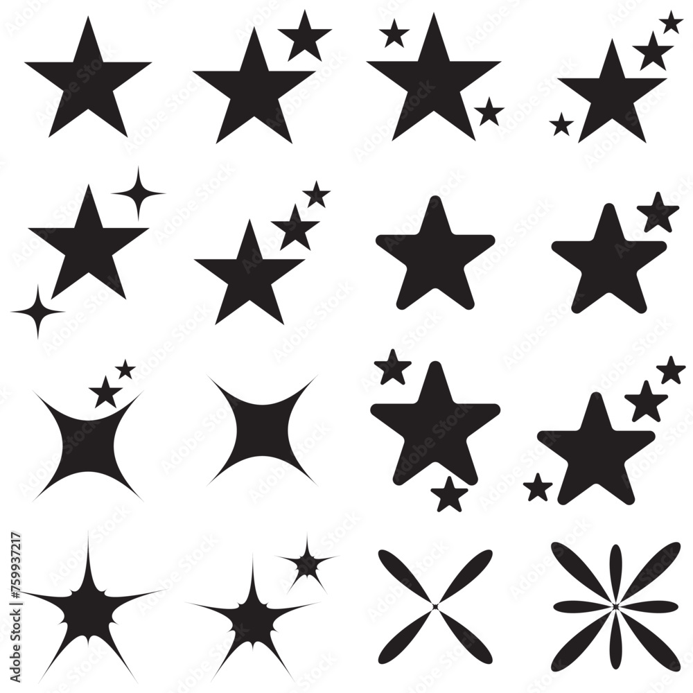 Fototapeta premium Set of star sparkling and twinkling cartoon. Black glittering star light particles. Vector illustration. Isolated on white background. eps10