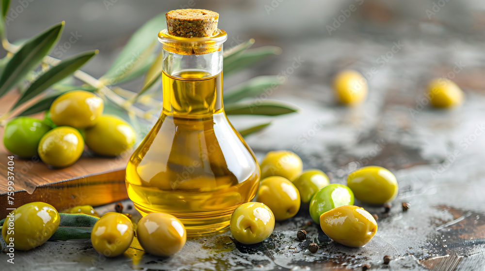 Green olives and oil in a glass bottle on a wooden table. Close-up Green olives and oil in a glass bottle on a wooden table. Close-up