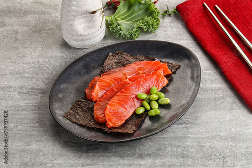 Sliced salmon sashimi in the plate