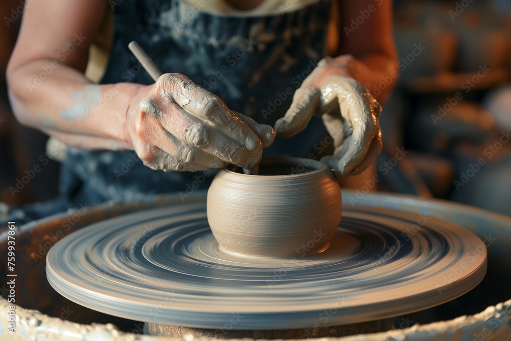 A ceramist sculpts a clay pot on a potter wheel closeup, a potter sculpts a clay pot, ceramist closeup A ceramist sculpts a clay pot on a potter wheel closeup, a potter sculpts a clay pot, ceramist closeup