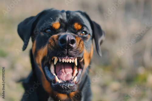 Head shot of aggressive dog barking. Rabies virus infection concept.
