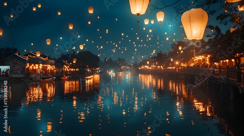 A traditional lantern festival by the river, with numerous glowing lanterns floating into the dusk sky, reflecting on calm waters.