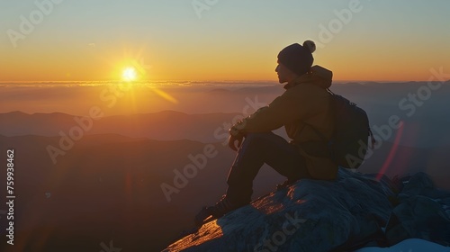 Solo hiker at the peak  overlooking a breathtaking sunrise