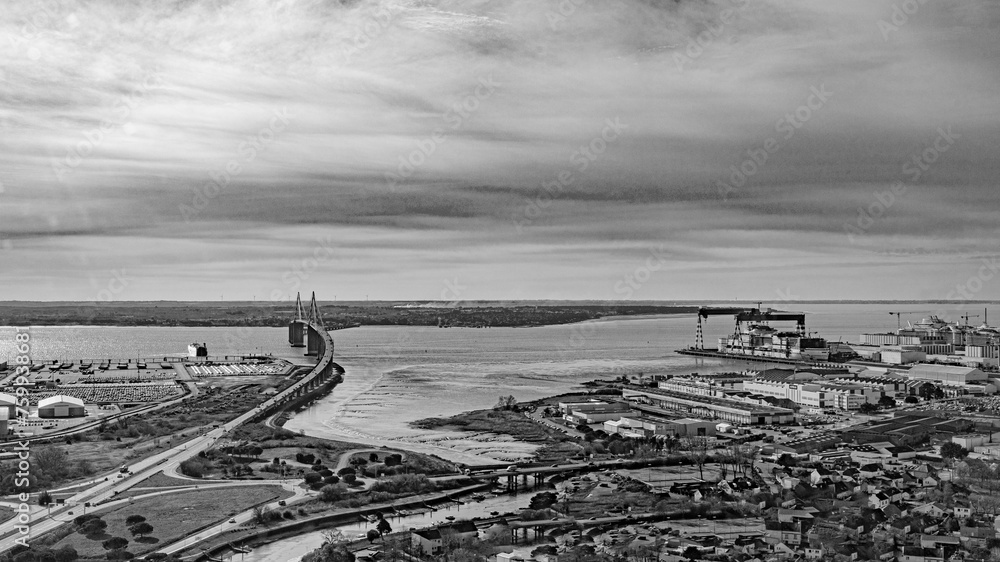 Fototapeta premium loire estuary river from aerial view in atlantic ocean between saint nazaire and la baule