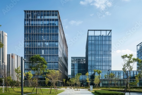 An office building with glass facades, set in the modern city center on a sunny day