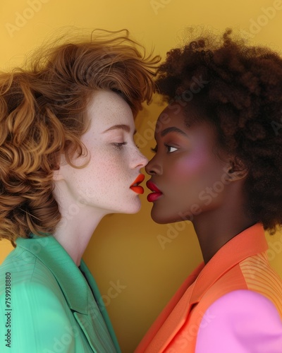 woman model, wearing a fashionable oversized primary colors man suit and orange lipstick kissing another woman model, wearing a fashionable oversized primary colors man suit and red lipstick