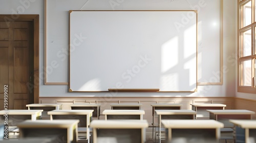 Blank white frame in classroom full of desks.