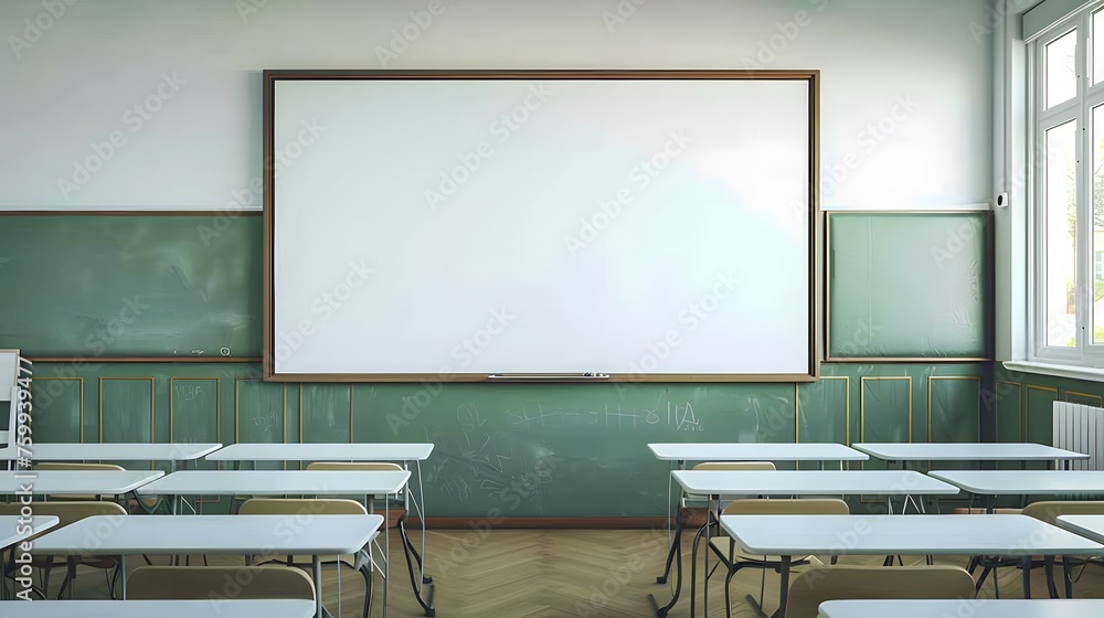 Blank white frame in classroom full of desks. Blank white frame in classroom full of desks.