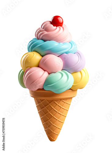 3D ice cream in a cone. simple object. cartoon style. isolated icon