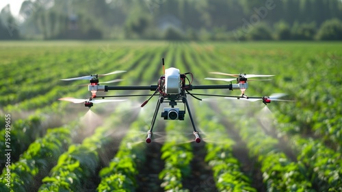 High-tech agricultural drones flying over a vast farm field, demonstrating advanced spraying capabilities for efficient weed and pest control, showcasing the concept of smart farming automation.