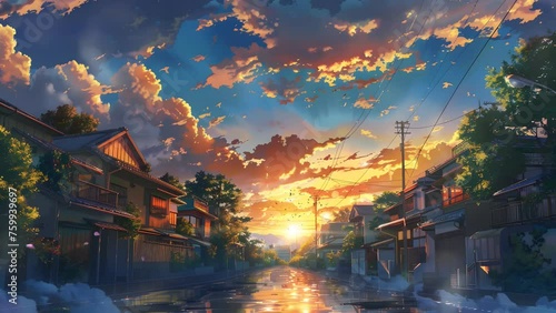 Anime street view with the setting sun casting a golden hue, capturing the essence of quiet beauty. Seamless Looping 4k Video Animation photo