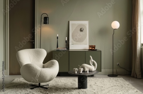 A sage green wall in the background, with an olive sideboard and beige armchair. A poster hangs on it