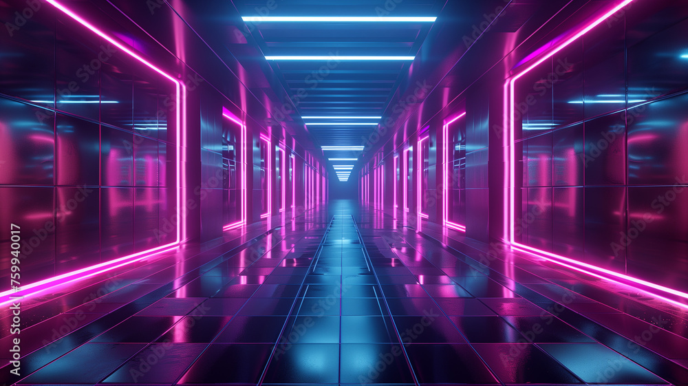 Futuristic corridor with neon lights.

