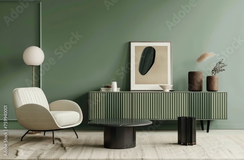 A sage green wall in the background, with an olive sideboard and armchair, minimalist furniture style photo