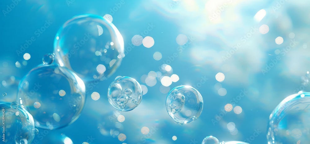 Multiple bubbles of various sizes floating in the air against a clear sky background.