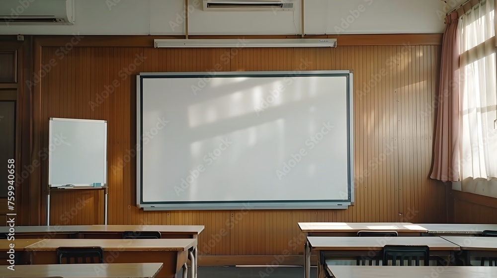 Blank white frame in classroom full of desks. Blank white frame in classroom full of desks.