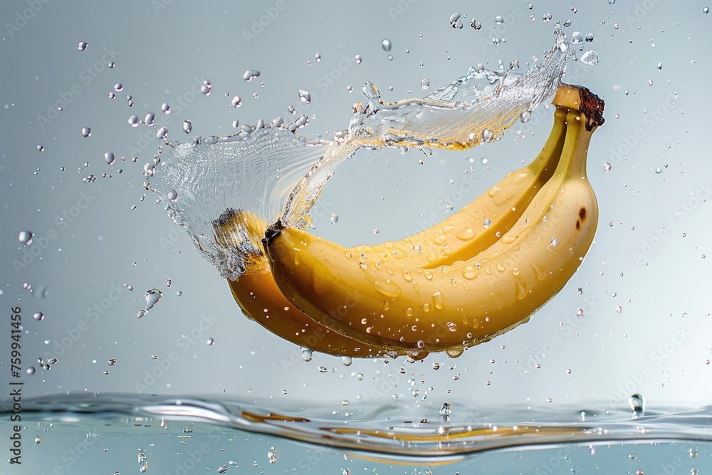 Bunch of bananas falling into water with splashes and bokeh background