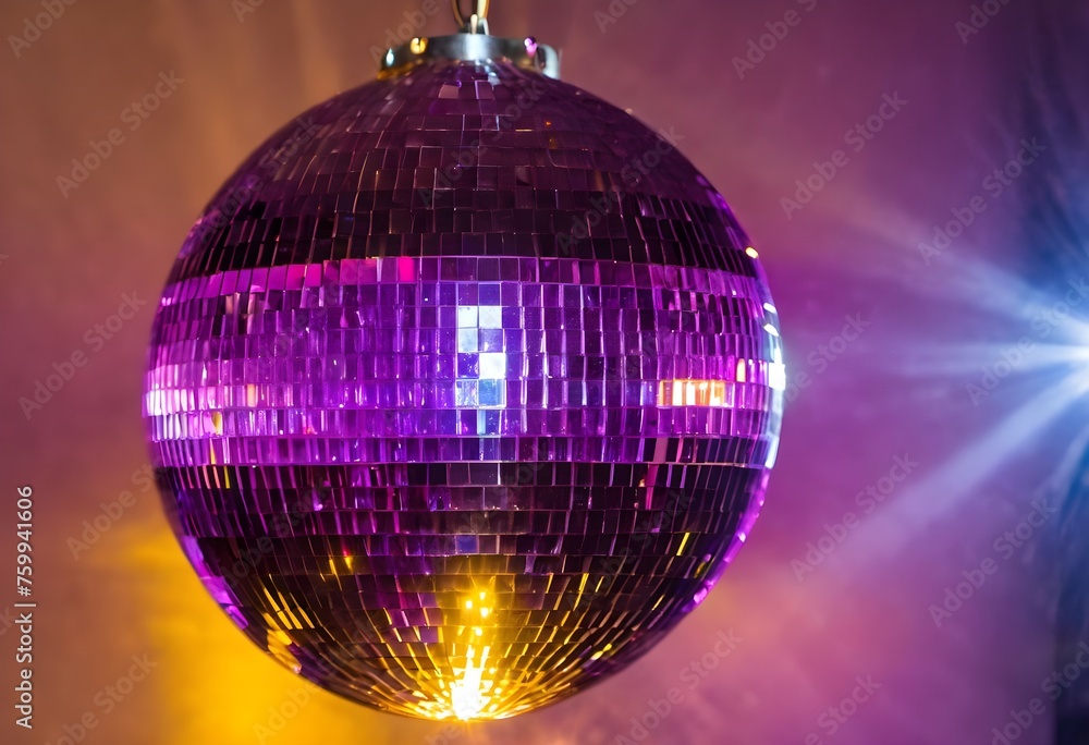 Obraz premium Surplombant la piste de danse, la boule à facette améthyste projette une lumière envoûtante et mystique