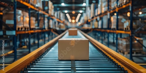 Efficient Warehouse Distribution: Boxes Moving on Conveyor Belt in High-Tech Facility. Concept Warehouse Operations, Conveyor Belt Technology, Efficient Distribution, High-Tech Facility, Box Handling