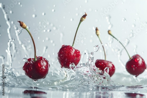 Cherries with water splashes and drops on a white background