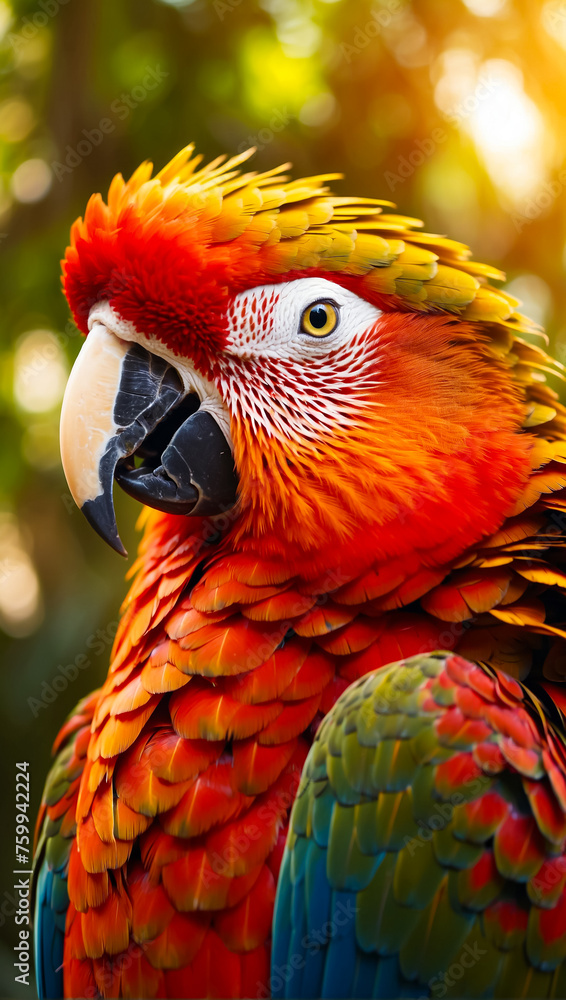 Fototapeta premium Portrait of red macaw parrot closeup
