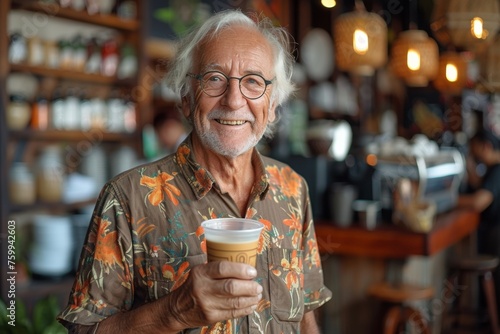 An elderly gray-haired man with glasses holds a disposable craft glass in a coffee shop. Smile on the face. Balinese style coffee shop.