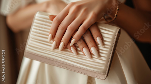 Well-groomed female hands with expensive elegant manicure holding a purse, clutch in close-up. Monochrome. Fashion. Pearl color.  photo