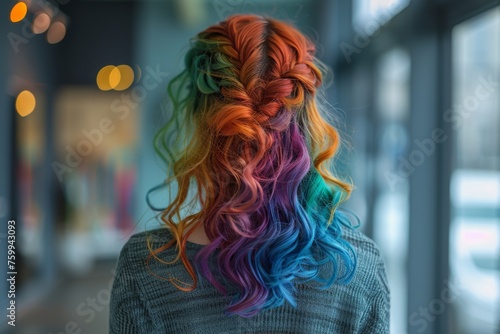 The girl's hair is dyed in the color of the LGBT flag, viewed from the back to the waist.