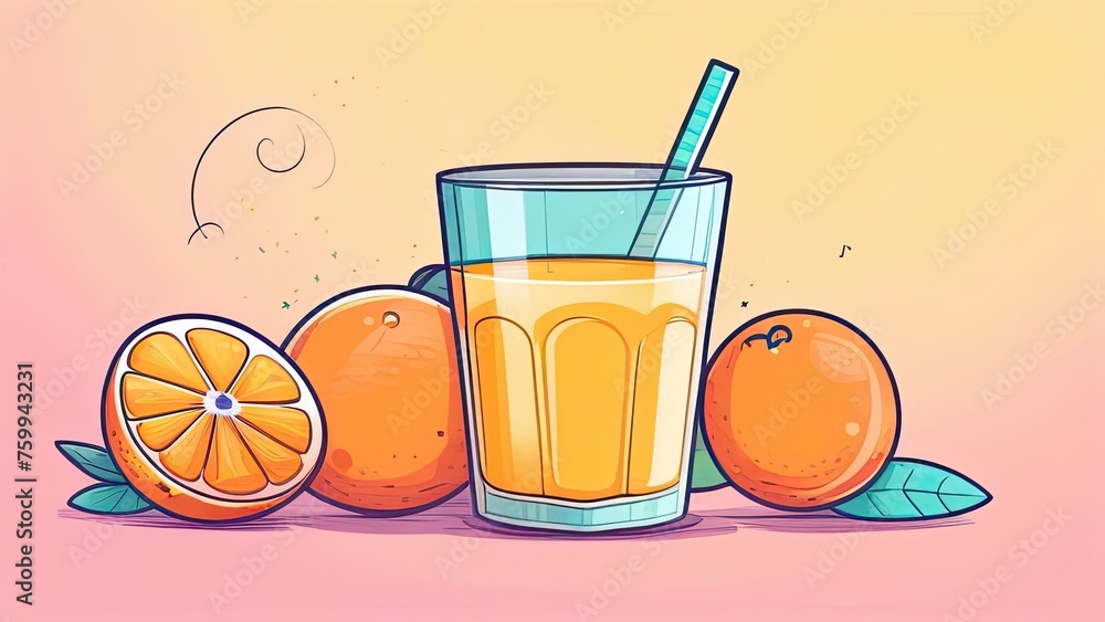 Orange juice in a glass with orange slices and leaves.
