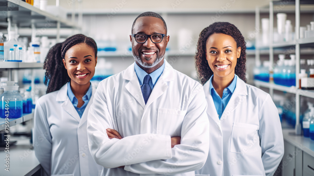 Group photo of smiling African Chemist/Analyst wearing lab coat in laboratory. Group photo of smiling African Chemist/Analyst wearing lab coat in laboratory.