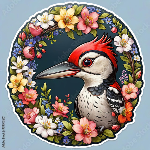 Close-Up Woodpecker with Floral Sticker on Dark Background Gen AI photo