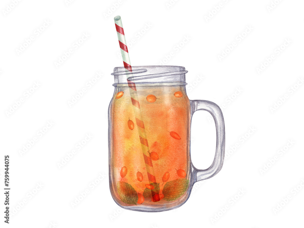 Mason jar with orange drink. Refreshing or warming beverage. Sea buckthorn, mint leaf. Straw, glass jar. Sandthorn, sallowthorn, peppermint. Watercolor illustration for menu, design Mason jar with orange drink. Refreshing or warming beverage. Sea buckthorn, mint leaf. Straw, glass jar. Sandthorn, sallowthorn, peppermint. Watercolor illustration for menu, design