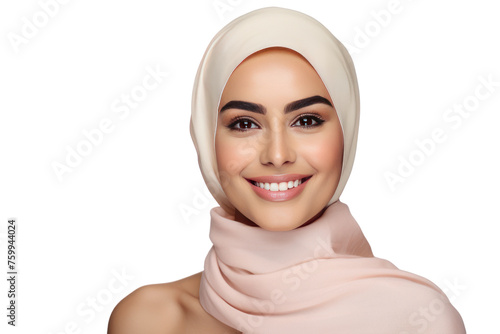 Beautiful Middle Eastern woman, smiling, long face, high nose, white skin, Isolated on a transparent background.