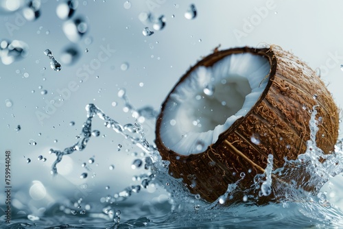 Coconut splashing into water on grey background, closeup