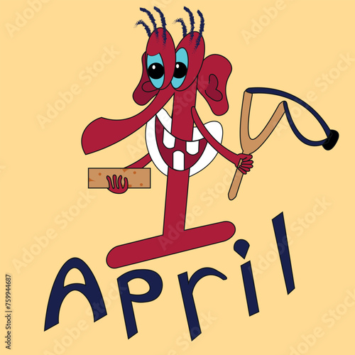 The holiday, April Fool's Day, is drawn in a cartoon form. The smiling unit holds a brick in one hand and a slingshot in the other.