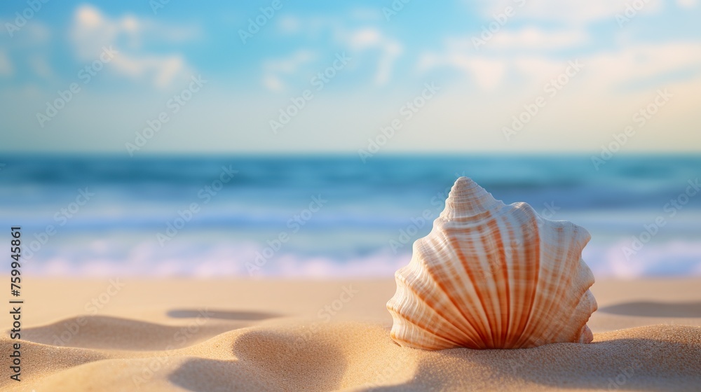 A unique shell, with its delicate curves and soft tones, rests serenely on the sand. Shell isolated on the sand in a lonely and timeless beauty of the sea. - obrazy, fototapety, plakaty 