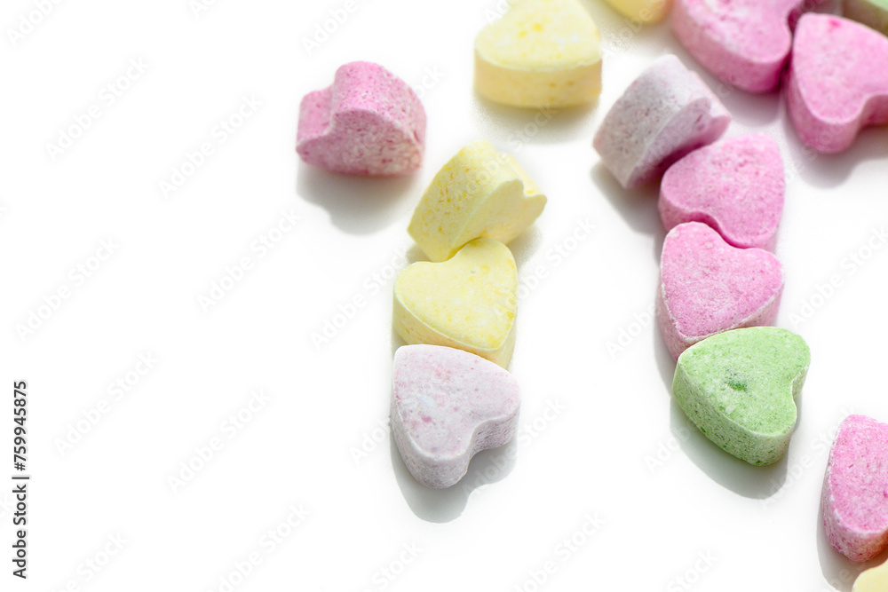 Pink and purple heart shaped candies. Valentine's day background. 2