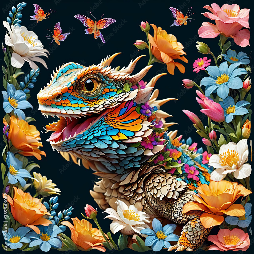 Obraz premium Close-Up Bearded Dragon with Floral Sticker on Dark Background Gen AI