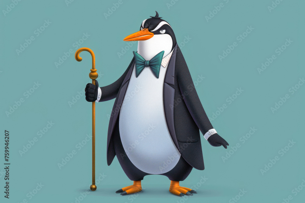 Obraz premium Penguin in a tuxedo and bow tie, holding a cane, colourful cartoon illustration.